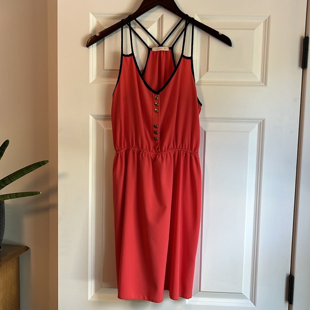 Coral Sleeveless Dress with Black Trim
